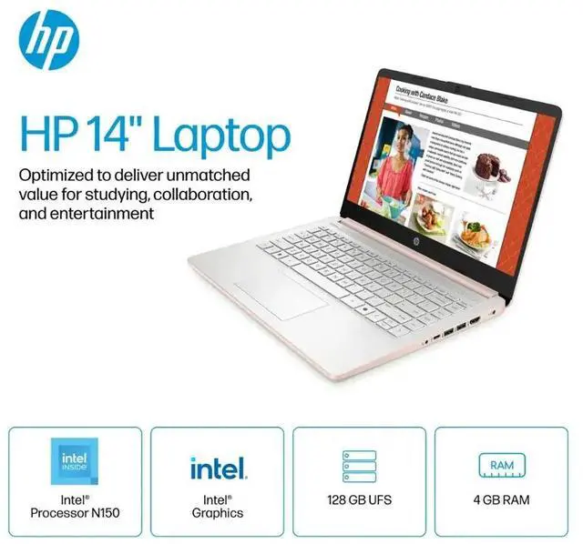 Alt view image 2 of 7 - HP 2025 14" Student Laptop Computer, Intel Processor N150(Up to 3.6GHz), Microsoft Copilot AI, 4GB RAM 128B UFS, Wi-Fi 6, Bluetooth 5.4, Microsoft 365, Rose Gold, Win11 Home S