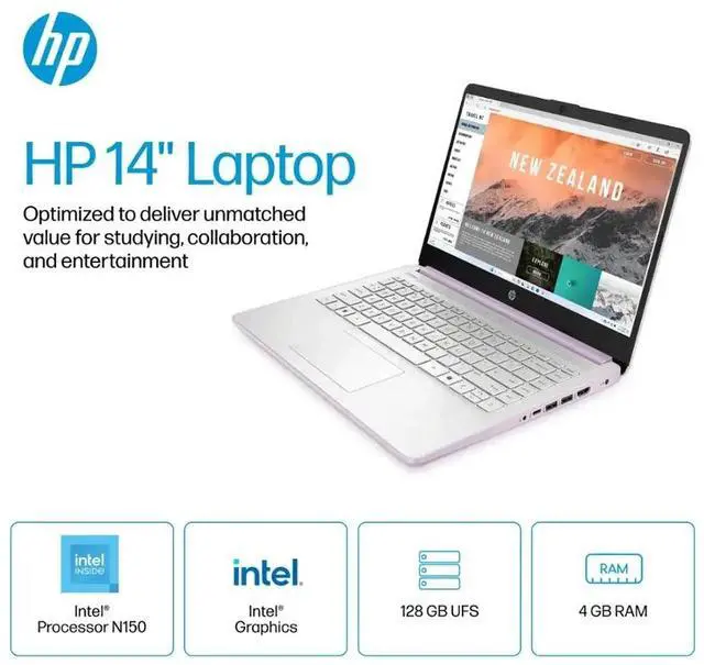 Alt view image 2 of 7 - HP 2025 14" Student Laptop Computer, Intel Processor N150(Up to 3.6GHz), Microsoft Copilot AI, 4GB RAM 128B UFS, Wi-Fi 6, Bluetooth 5.4, Microsoft 365, Lavender, Win11 Home S