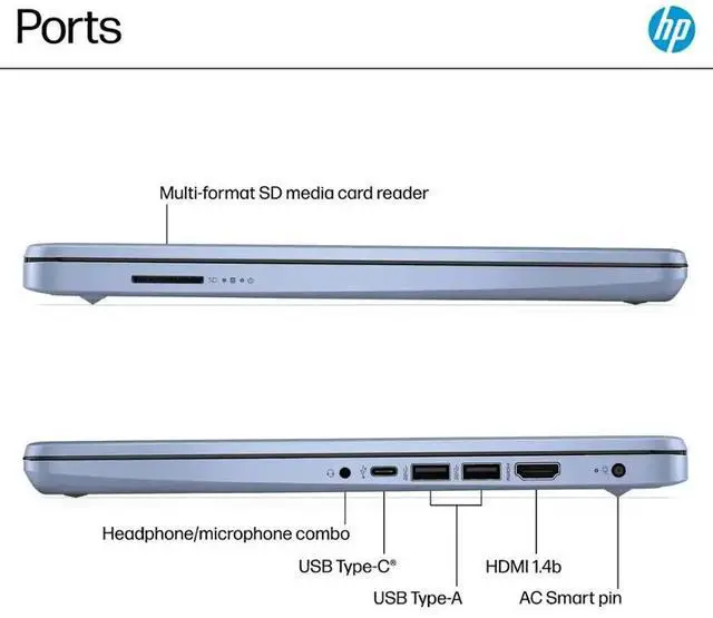 Alt view image 6 of 7 - HP 2025 14" Student Laptop Computer, Intel Processor N150(Up to 3.6GHz), Microsoft Copilot AI, 4GB RAM 128B UFS, Wi-Fi 6, Bluetooth 5.4, Microsoft 365, Blue, Win11 Home S