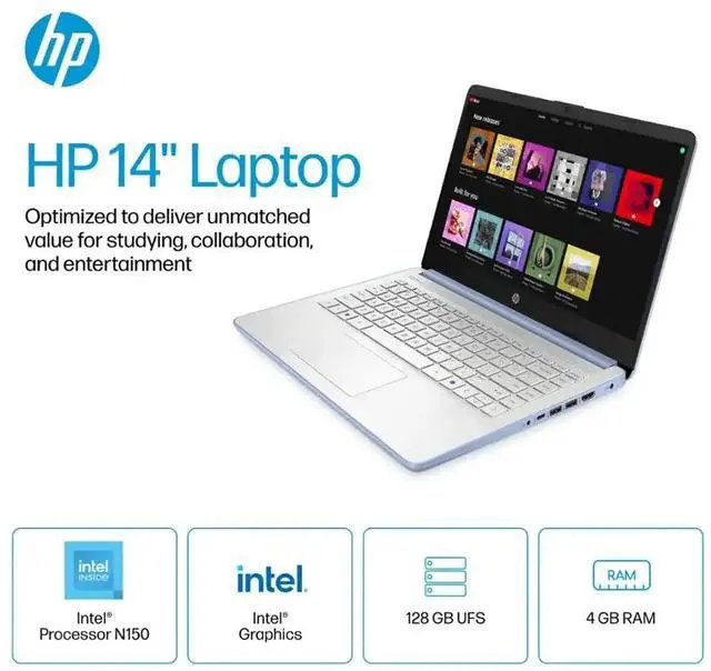 Alt view image 4 of 7 - HP 2025 14" Student Laptop Computer, Intel Processor N150(Up to 3.6GHz), Microsoft Copilot AI, 4GB RAM 128B UFS, Wi-Fi 6, Bluetooth 5.4, Microsoft 365, Blue, Win11 Home S