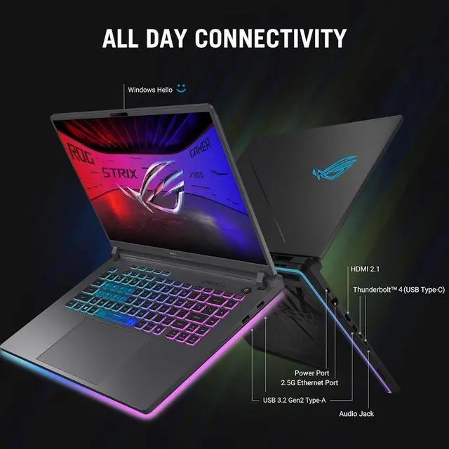 Alt view image 5 of 7 - ASUS ROG Strix G16 Gaming Laptop, 16 FHD+ 16:10 165Hz/3ms Display, NVIDIA GeForce RTX 5060 8GB GDDR7, Intel Core i7-14650HX, 64GB DDR5 4TB PCIe 4.0 SSD, Wi-Fi 7, 4 Zone RGB KB, RJ-45, Win11 Pro