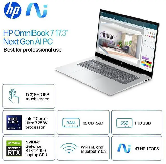 Alt view image 2 of 7 - HP OmniBook 7 Copilot PC Laptop, 17.3" FHD IPS Touchscreen 400 Nits Display, Intel Core Ultra 7 258V(>Ultra 9 185H), 32GB LPDDR5X 1TB PCIe 4.0 SSD, Wi-Fi 6E, Backlit KB, Thunderbolt 4, Win 11 Pro