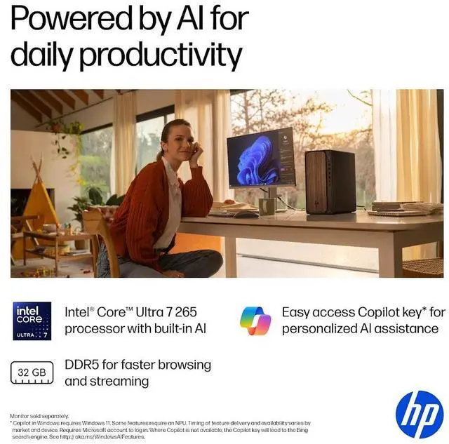 Alt view image 3 of 7 - HP OmniDesk Desktop PC, Intel Core Ultra 7 265(>Ultra 9 185H), 32GB DDR5 5600MHz 1TB PCIe 4.0 SSD, Intel Graphics, Wifi 6, Bluetooth 5.4, Microsoft Copilot, Windows 11 Pro, Dark Wood