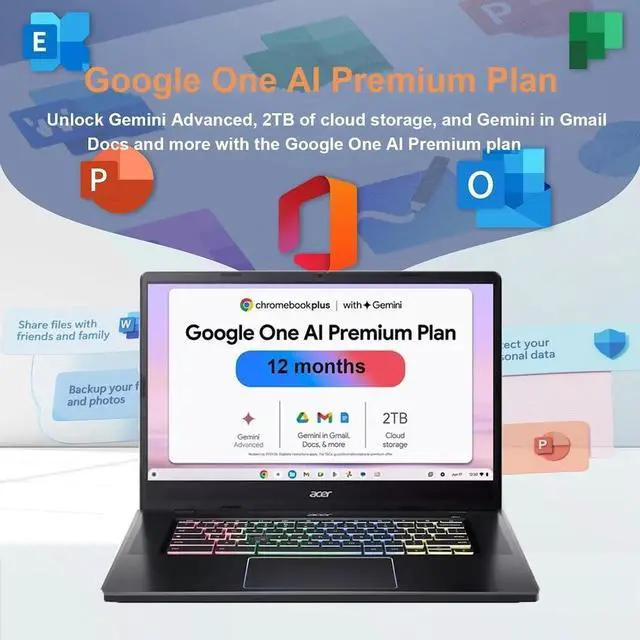 Alt view image 4 of 7 - Acer Chromebook Plus 516 GE Cloud Gaming Laptop with Google AI, 16" QHD 120Hz, Intel 10-Core 5 120U, NVIDIA GeForce Now, 8GB LPDDR4X 512GB SSD, RGB Backlit Keyboard, With 2TB Cloud Storage, Chrome OS