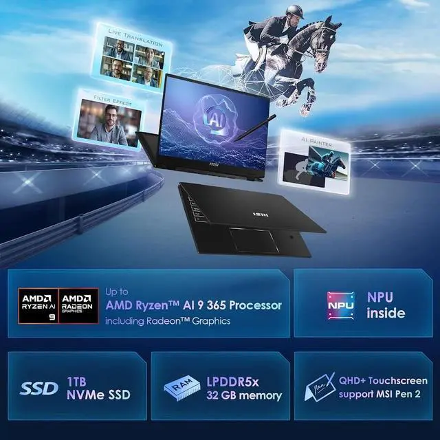 Alt view image 2 of 7 - MSI Summit A16 AI+ 2-in-1 Business Laptop, 16 WQXGA 165Hz Touchscreen Display, AMD Ryzen AI 9 365 with 50 NPU TOPS, Radeon Graphics, 32GB LPDDR5X 2TB NVMe SSD, 360 Flip, Win 11 Pro with MSI Pen