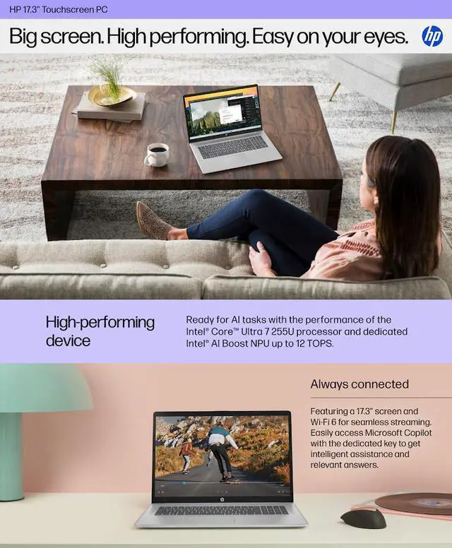 Alt view image 3 of 7 - HP 17.3" HD+ Touchscreen Copilot PC Laptop, Intel 12-Core Ultra 7 255U (Beat Core 7 150U), Dedicated Intel AI Boost NPU 12 Tops, 16GB DDR5 1TB SSD, Backlit Keyboard, WiFi 6, Bluetooth 5.4, Win11 Pro