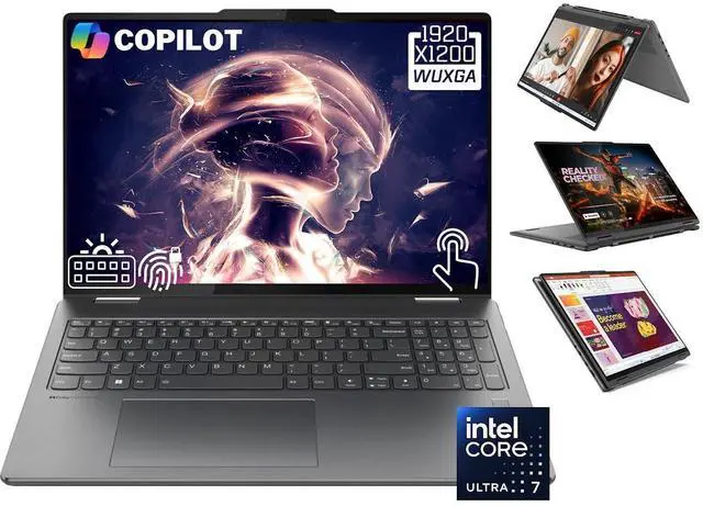 Main image of Lenovo Yoga 7i AI Powered 2-in-1 Laptop, 16" WUXGA Touchscreen 300 nits Display, Intel 12-Core Ultra 7 155U (Beat i7-1355U), 16GB LPDDR5X RAM, 1TB SSD, Backlit Keyboard, Fingerprint Reader, Win11 Home