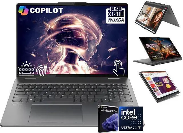 Main image of Lenovo Yoga 7i AI Powered 2-in-1 Laptop, 16" WUXGA Touchscreen 300 nits Display, Intel 12-Core Ultra 7 155U (Beat i7-1355U), 16GB LPDDR5X RAM, 1TB SSD, Backlit Keyboard, Fingerprint Reader, Win11 Pro