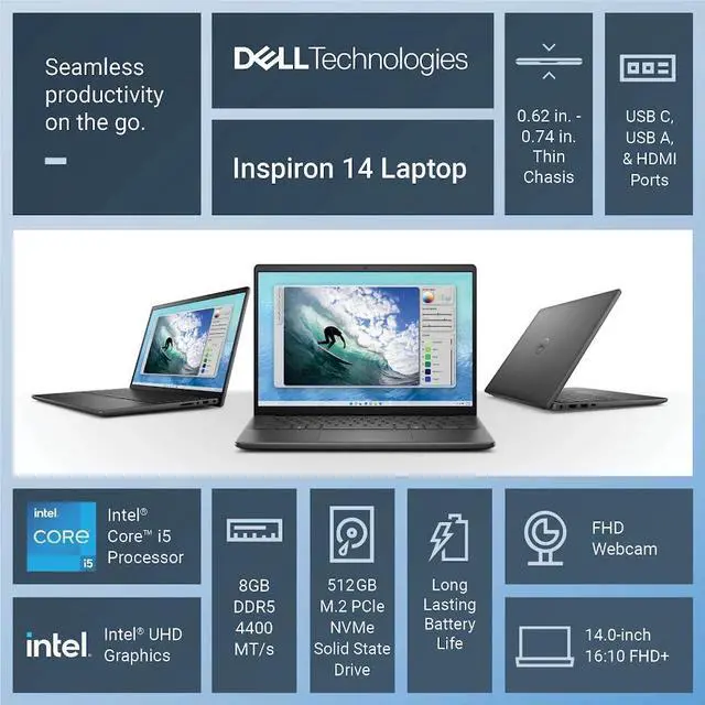 Alt view image 2 of 7 - Dell Inspiron 14 Business Copilot+PC Laptop, 14" 16:10 FHD+ (1920x1200) 300nits Display, Intel Core i5-1334U(Up to 4.6 GHz), 16GB DDR5 RAM / 512GB SSD, Intel UHD Graphics, Backlit Keyboard, Win11 Home