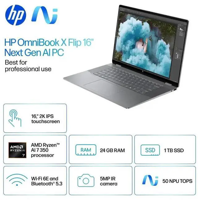 Alt view image 2 of 7 - HP OmniBook X 2-in-1 Copilot  PC Laptop, 16" 2K IPS Touchscreen 400 Nits Display, AMD Ryzen AI 7 350 (Up to 5.0GHz), 24GB LPDDR5X 1TB PCIe 4.0 SSD, Wi-Fi 6E, Backlit Keyboard, Win 11 Home