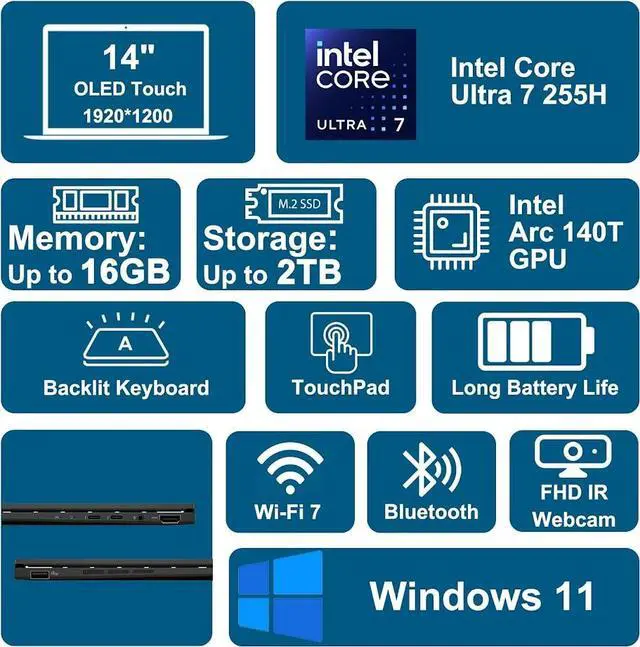 Alt view image 2 of 7 - ASUS Zenbook Business Copilot PC Laptop, 14" Touchscreen OLED FHD+ (1920 x 1200) 60Hz 500nits Display,  Intel Core Ultra 7 225H, 16GB LPDDR5 / 512GB SSD, Backlit KB, WiFi 7, Thunderbolt 4, Win 11 Pro