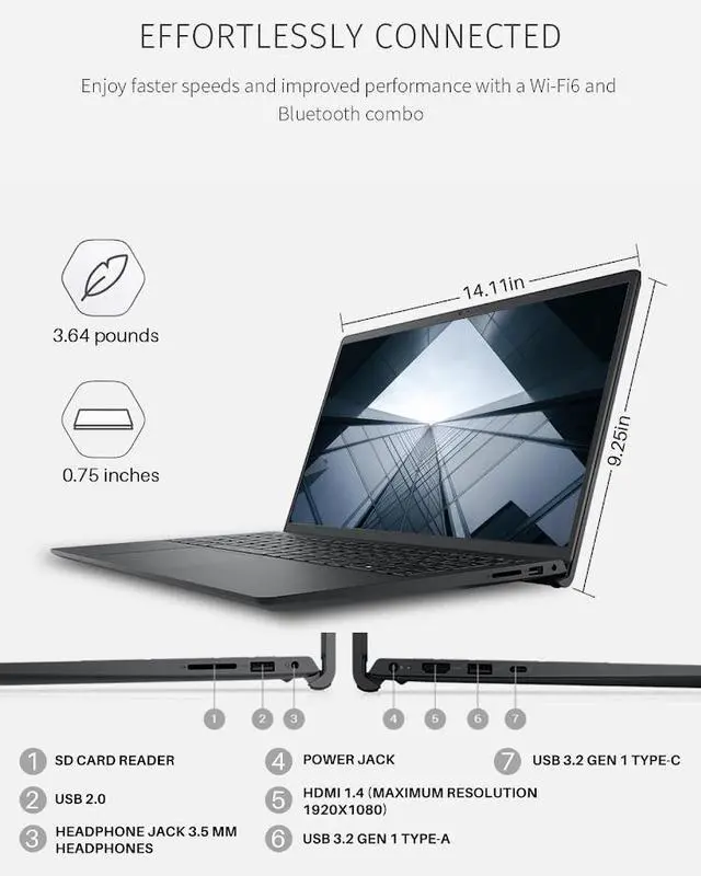 Alt view image 7 of 7 - Dell Inspiron Personal Student Laptop, 15.6" FHD Touchscreen Display, 8-Core AMD Ryzen 7 7730U (>i7-1355U), 16GB RAM / 512GB SSD, AMD Radeon Graphics, WiFi, Bluetooth, Type C, HDMI, Win11 Home