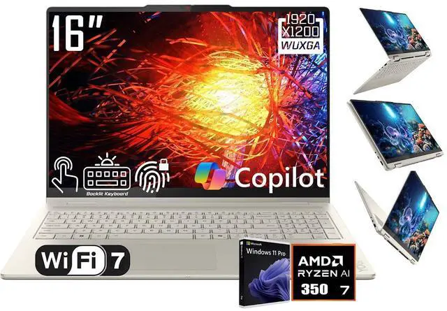 Main image of Lenovo Yoga 7 2-in-1 AI Copilot PC Laptop, 16" 2K IPS Touchscreen 300Nits Display, AMD Ryzen AI 7 350(Up to 5.0GHz), 16GB LPDDR5X RAM 2TB SSD, Backlit KB, Fingerprint Reader, Wi-Fi 7, Win11 Pro