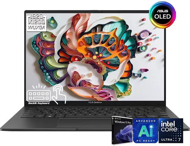 Main image of ASUS Zenbook AI Business Laptop, 14" Touchscreen OLED WUXGA 60Hz 500nits Display,  Intel Core Ultra 7 225H (Up to 13 Tops), 16GB LPDDR5 / 512GB SSD, Backlit KB, WiFi 7, Thunderbolt 4, Win 11 Pro