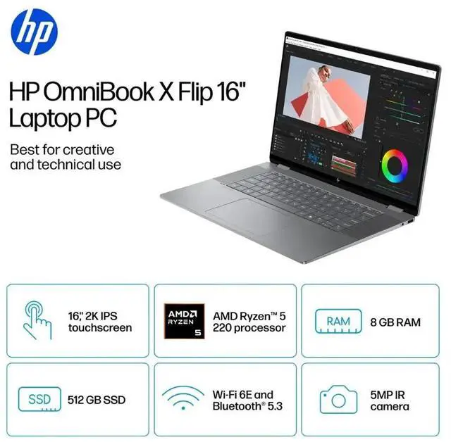 Alt view image 2 of 7 - HP OmniBook X 2-in-1 Copilot PC Laptop, 16" FHD+ IPS Touchscreen 400 Nits Display, AMD Ryzen 5 220 (Up to 4.9GHz), 8GB LPDDR5 2TB PCIe 4.0 SSD, AMD Radeon 740M, Wi-Fi 6E, Backlit Keyboard, Win 11 Pro