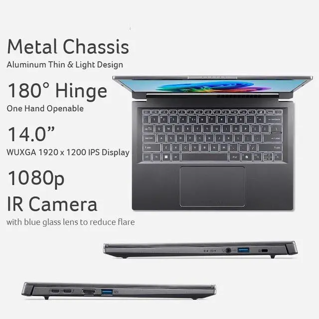 Alt view image 5 of 7 - Acer Aspire Copilot + PC AI Laptop, 14" WUXGA Touchscreen 300-Nits Display, Intel Core Ultra 7 258V(>Ultra 9 185H), Intel ARC 140V, 32GB LPDDR5X / 1TB SSD, Wi-Fi 6E, FHD Webcam, Backlit KB, Win11 Home