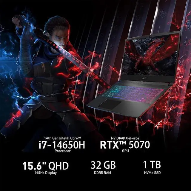 Alt view image 2 of 7 - MSI Katana 15.6 165Hz QHD Gaming Laptop, Intel 16-Core i7-14650HX(Up to 5.2 GHz), NVIDIA Geforce RTX 5070 with 8GB GDDR7, 64GB DDR5 2TB PCIe 4.0 SSD, 4 Zone RGB Keyboard, RJ-45, WiFi 6E, Win11 Pro