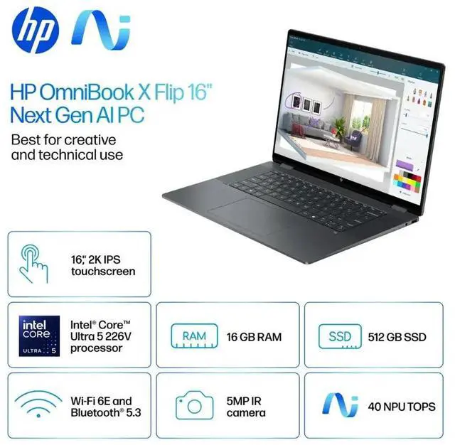 Alt view image 2 of 7 - HP OmniBook X Flip 2-in-1 AI Laptop, 16" FHD+ IPS Touchscreen 400 Nits Display, Intel Core Ultra 5 226V(Up to 4.5GHz), 16GB LPDDR5X 1TB PCIe 4.0 SSD, Wi-Fi 6E, Backlit Keyboard, Win 11 Home