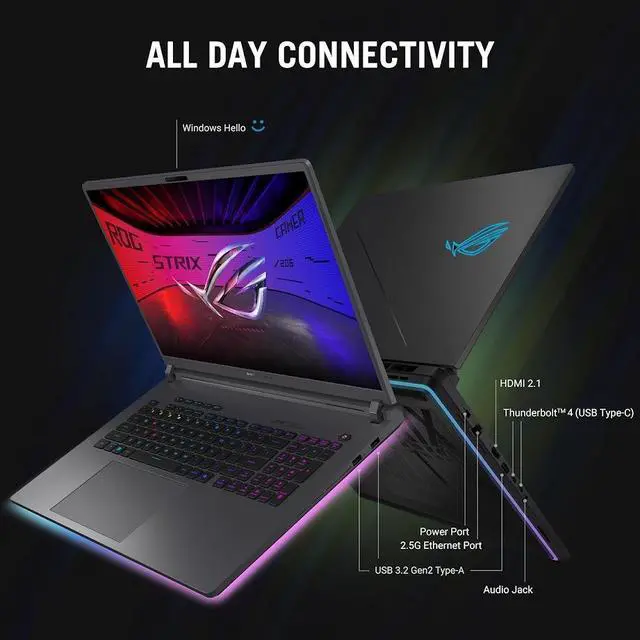Alt view image 7 of 7 - ASUS ROG Strix G18 Gaming Laptop, 18 WQXGA 240Hz Display, GeForce RTX 5060 8GB GDDR7, Intel 24-Core Ultra 9 275HX (Up to 5.4GHz), 32GB DDR5 1TB PCIe 4.0 SSD, Wi-Fi 7, 4 Zone RGB KB, RJ-45, Win11 Home