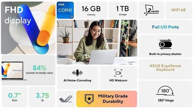 Alt view image 2 of 6 - ASUS Vivobook Laptop, 15.6" FHD Touchscreen 60Hz 250 nits Display, Intel 10-Core i7-1355U, 24GB RAM 1TB PCIe SSD, Intel Iris Xe Graphics, Wi-Fi 6E, Bluetooth 5.3, Backlit Keyboard, Win11 Pro