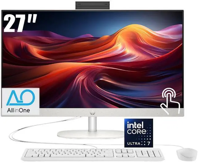 Main image of HP 27 All-in-One Desktop, 27" FHD (1920 x 1080) LED Display, Intel Core 7 Processor 255U (Up to 5.2GHz), 32GB DDR5 RAM / 1TB SSD, Wi-Fi 6, Bluetooth 5.4, Copilot, Wired Keyboard and Mouse, Win11 Home