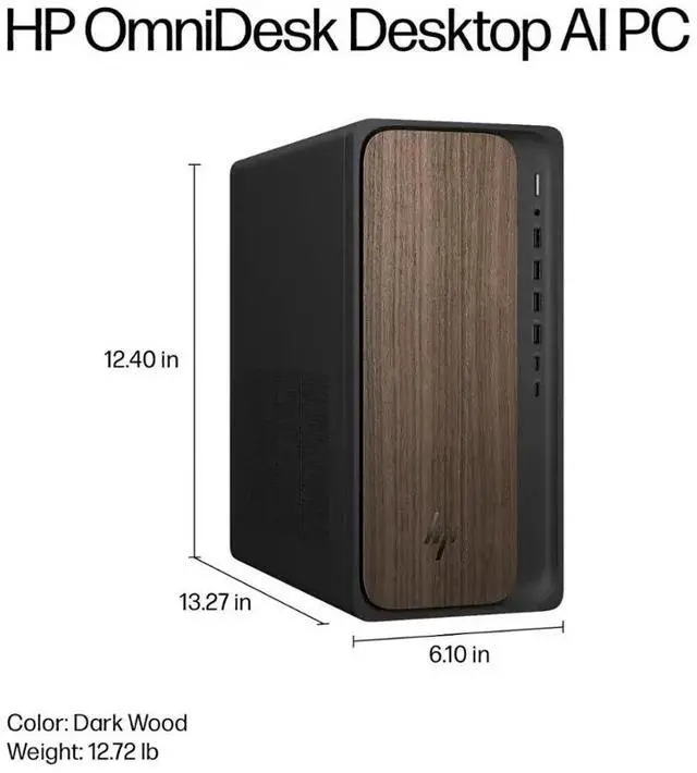 Alt view image 6 of 6 - HP OmniDesk Desktop PC, Intel Core Ultra 7 265 (Beat Core i7-14700), 64GB DDR5 5600MHz 1TB PCIe 4.0 SSD, Intel Graphics, Wifi 6, Bluetooth 5.4, Microsoft Copilot, Windows 11 Pro, Dark Wood