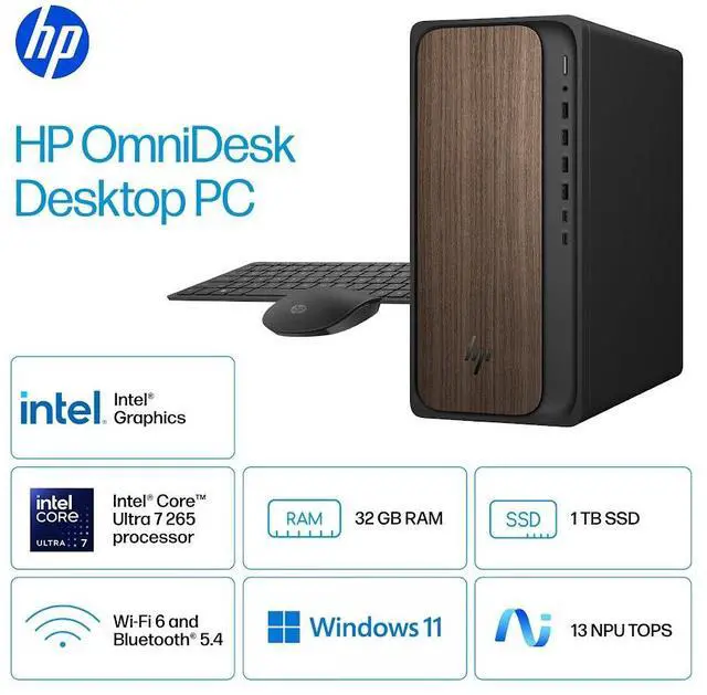 Alt view image 2 of 6 - HP OmniDesk Desktop PC, Intel Core Ultra 7 265 (Beat Core i7-14700), 64GB DDR5 5600MHz 1TB PCIe 4.0 SSD, Intel Graphics, Wifi 6, Bluetooth 5.4, Microsoft Copilot, Windows 11 Pro, Dark Wood
