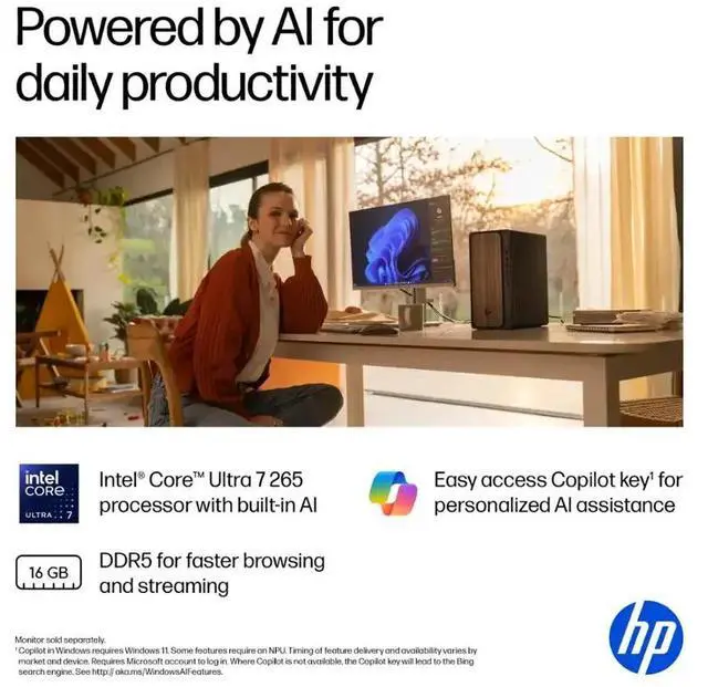 Alt view image 3 of 6 - HP OmniDesk Desktop PC, Intel Core Ultra 7 265 (Beat Core i7-14700), 64GB DDR5 5600MHz 1TB PCIe 4.0 SSD, Intel Graphics, Wifi 6, Bluetooth 5.4, Microsoft Copilot, Windows 11 Pro, Dark Wood