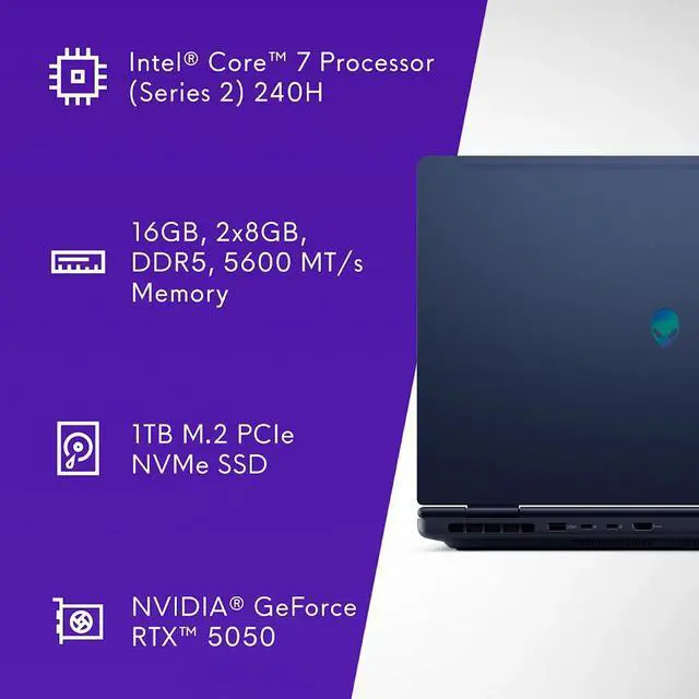 Alt view image 2 of 6 - Dell Alienware 16 Aurora Gaming Laptop, 16" WQXGA 120Hz 300 Nits Display, Intel Core 7 240H (Beat Core i7-13620H), GeForce RTX 5050 8GB GDDR7, 64GB RAM / 4TB SSD, Wi-Fi 7, Backlit Keyboard, Win11 Pro