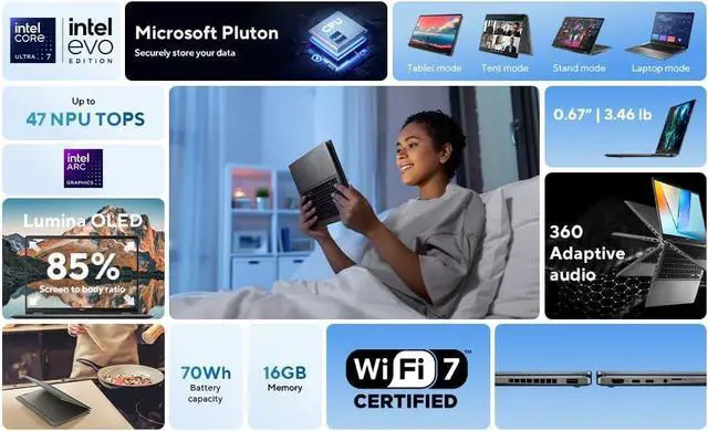 Alt view image 2 of 7 - ASUS Vivobook Flip Laptop, 14" OLED WUXGA Touchscreen 16:10 400 nits Display, Intel Core Ultra 7 256V, 16GB LPDDR5X 1TB PCIe SSD, Intel Arc Graphics, Wi-Fi 7, Bluetooth 5.4, Backlit KB, Win11 Pro