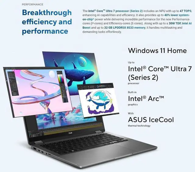 Alt view image 3 of 7 - ASUS Vivobook Flip Laptop, 14" OLED WUXGA Touchscreen 16:10 400 nits Display, Intel Core Ultra 7 256V, 16GB LPDDR5X 1TB PCIe SSD, Intel Arc Graphics, Wi-Fi 7, Bluetooth 5.4, Backlit KB, Win11 Pro