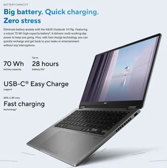Alt view image 6 of 7 - ASUS Vivobook Flip Laptop, 14" OLED WUXGA Touchscreen 16:10 400 nits Display, Intel Core Ultra 7 256V, 16GB LPDDR5X 1TB PCIe SSD, Intel Arc Graphics, Wi-Fi 7, Bluetooth 5.4, Backlit KB, Win11 Pro