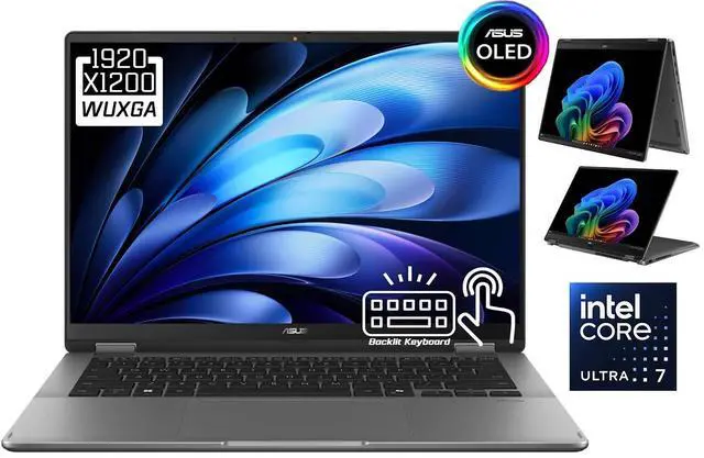 Main image of ASUS Vivobook 2-in-1 Laptop, 14" OLED FHD+ Touchscreen 16:10 400 nits Display, Intel Core Ultra 7 256V, 16GB LPDDR5X 1TB SSD, Intel Arc Graphics, Wi-Fi 7, Bluetooth 5.4, Backlit Keyboard, Win11 Home