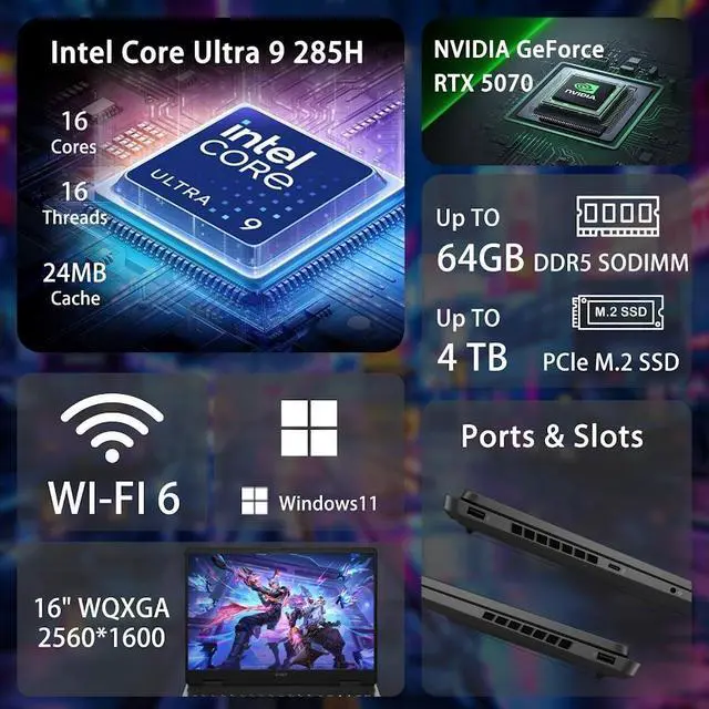 Alt view image 2 of 6 - HP OMEN 16" Gaming Laptop, WQXGA 240Hz IPS 500 Nits Display, Intel Core Ultra 9 285H (Beat Core i9-14900HX), GeForce RTX 5070 8GB GDDR7, 64GB DDR5 4TB SSD, RGB Backlit KB, Wi-Fi 6, RJ-45, Win11 Pro