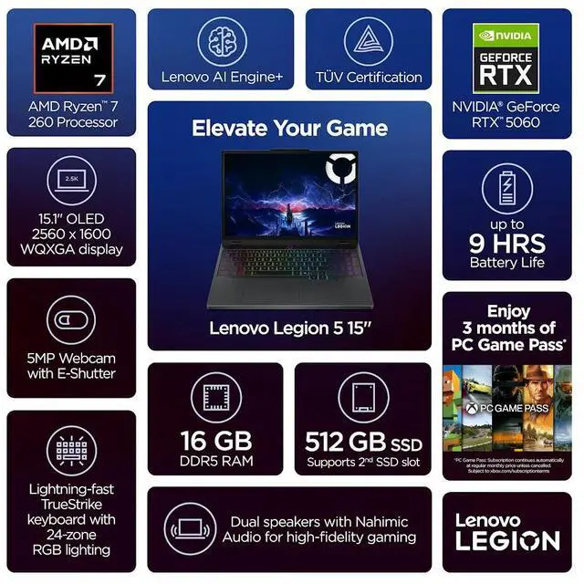 Alt view image 2 of 7 - Lenovo Legion 5 Gaming Laptop, 15.1" WQXGA OLED 165Hz 500 Nits Display, AMD Ryzen 7 260 (Up to 5.1 GHz), GeForce RTX 5060 8GB GDDR7, 32GB DDR5 1TB SSD, 24 Zone RGB Backlit KB, WiFi 7, Win11 Home