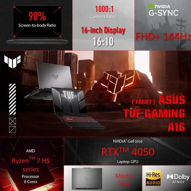 Alt view image 2 of 7 - ASUS TUF A16 Gaming Laptop, 16 WUXGA 144Hz 16:10 Display, AMD Ryzen 7 7445HS (Beat Core i7-13700), NVIDIA RTX 4050 6GB GDDR6, 64GB DDR5 2TB SSD, Backlit KB, AI Noise-Cancellation, Wi-Fi 6, Win11 Home