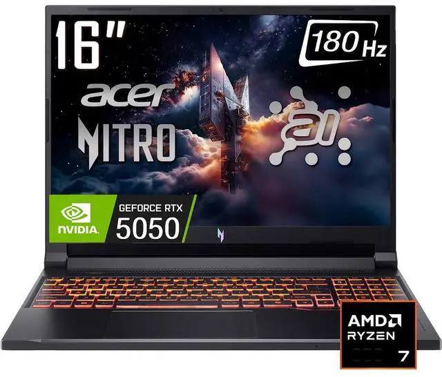 Main image of Acer Nitro V AI Gaming Laptop, 16 WUXGA 180Hz IPS Display, AMD Ryzen 7 260 (>Intel i7-14700), NVIDIA GeForce RTX 5050 8GB GDDR7, 64GB DDR5 / 2TB SSD, RGB Backlit KB, Wi-Fi 6E, Win11 Home