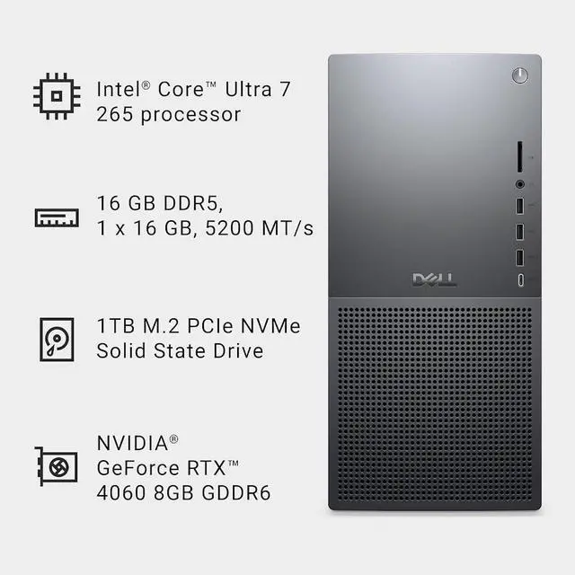 Alt view image 3 of 7 - Dell Tower Plus ECT1250 Desktop, Intel Core Ultra 7 265F (Up to 5.3GHz), NVIDIA GeForce RTX 4060 8GB GDDR6, 32GB DDR5 / 1TB SSD, Wi-Fi 6E, Bluetooth 5.4, Dell Wired Keyboard & Mouse, Win11 Pro