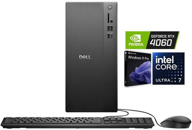 Main image of Dell Tower Plus ECT1250 Desktop, Intel Core Ultra 7 265F (Up to 5.3GHz), NVIDIA GeForce RTX 4060 8GB GDDR6, 32GB DDR5 / 1TB SSD, Wi-Fi 6E, Bluetooth 5.4, Dell Wired Keyboard & Mouse, Win11 Pro