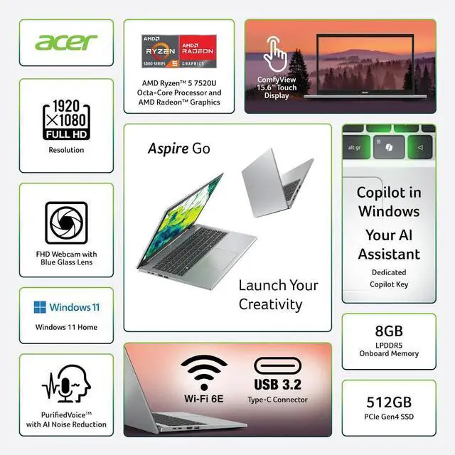 Alt view image 2 of 7 - Acer Aspire Go 15.6" FHD IPS Touch Screen Laptop, AMD Ryzen 5 7520U (>Core i5-1235U), 8GB LPDDR5 / 1TB NVMe SSD, Wi-Fi 6E, HDMI 2.1, Win11 Pro