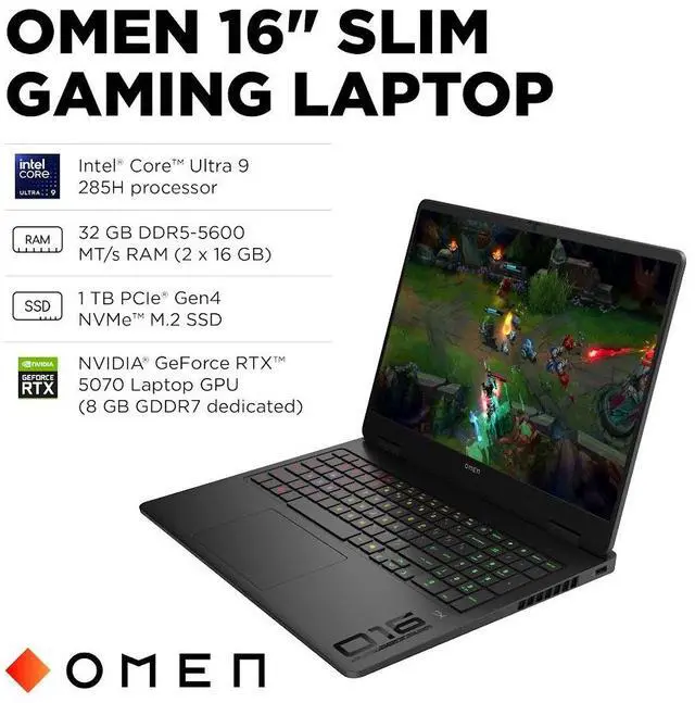 Alt view image 2 of 7 - HP OMEN 16" AI Gaming Laptop, 2K 144Hz IPS 300Nits Display, Intel Core Ultra 9 285H(>Core i9-14900HX), GeForce RTX 5070 8GB GDDR7, 32GB DDR5 1TB SSD, 4-Zone RGB Backlit KB, Wi-Fi 6E, RJ-45, Win11 Home
