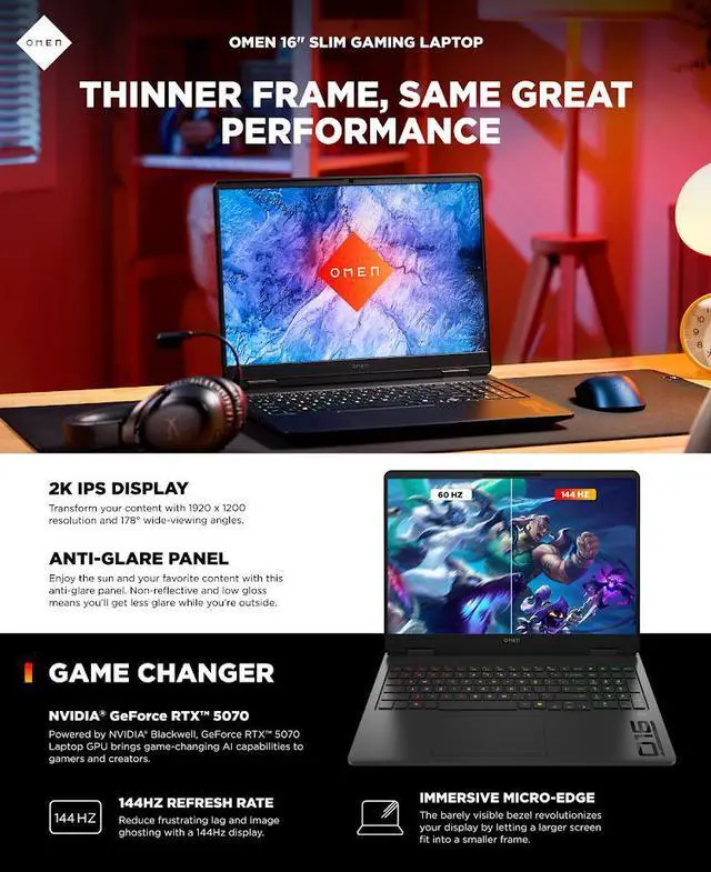 Alt view image 3 of 7 - HP OMEN 16" AI Gaming Laptop, 2K 144Hz IPS 300Nits Display, Intel Core Ultra 9 285H(>Core i9-14900HX), GeForce RTX 5070 8GB GDDR7, 32GB DDR5 1TB SSD, 4-Zone RGB Backlit KB, Wi-Fi 6E, RJ-45, Win11 Home