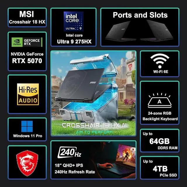 Alt view image 2 of 7 - MSI Crosshair 18 HX 18" Gaming Laptop, 18" QHD IPS 240Hz Display, Intel 24-Core Ultra 9 275HX (>i9-14900HX), GeForce RTX 5070 8GB GDDR7, 32GB DDR5 / 1TB SSD, 24-Zone RGB Backlit KB, WiFi 7, Win11 Home