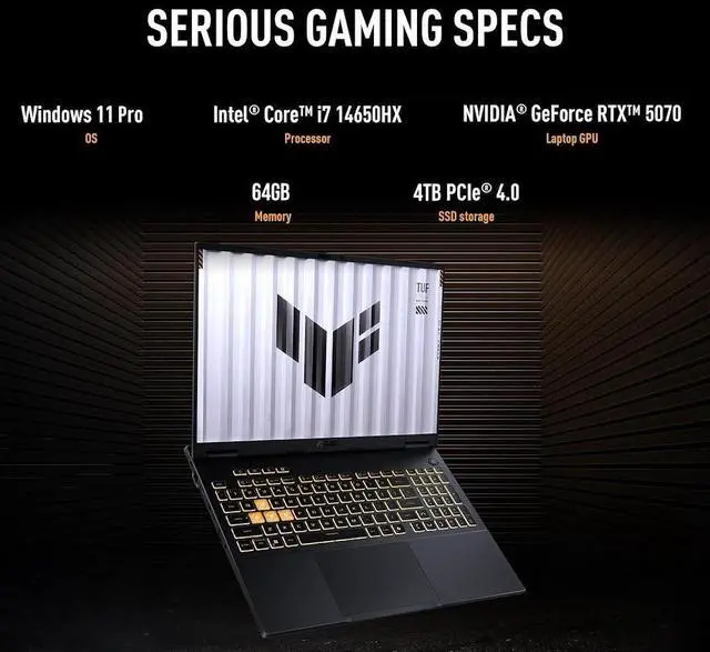 Alt view image 3 of 7 - ASUS TUF F16 Gaming Laptop, 16" WUXGA 165Hz Display, Intel 16-Core i7-14650HX(Up to 5.2 GHz), GeForce RTX 5070 8GB GDDR7, 16GB DDR5 RAM / 1TB PCIe SSD, RGB Backlit KB, Thunderblot 4, RJ-45, Win11 Pro