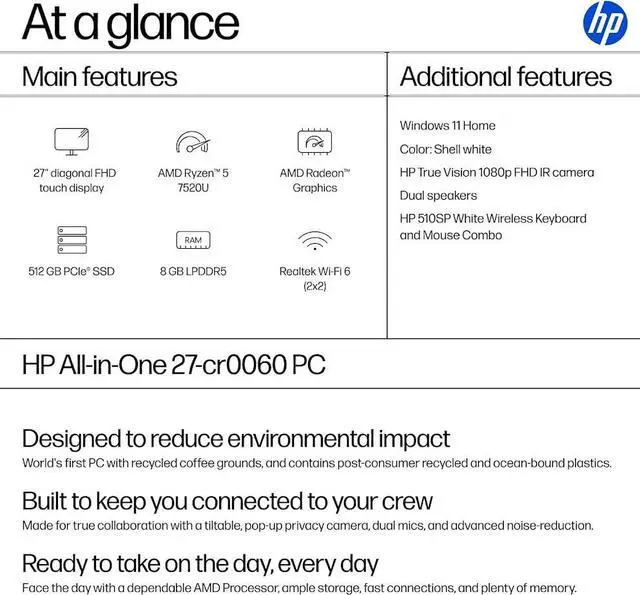 Alt view image 2 of 7 - HP 27 All-in-One Desktop, 27" FHD (1920 x 1080) LED Display, Intel Core 7 Processor 255U (Up to 5.2GHz), 24GB DDR5 RAM / 1TB SSD, Wi-Fi 6, Bluetooth 5.4, Copilot, Wired Keyboard and Mouse, Win11 Home