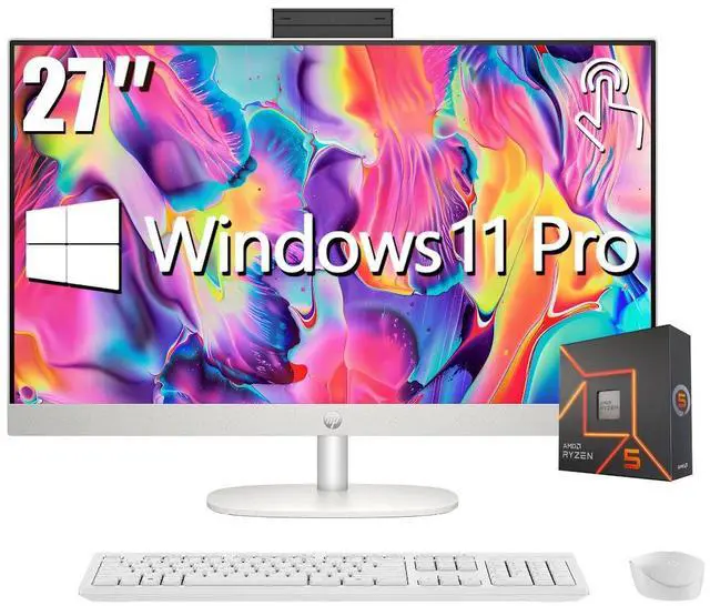 Main image of HP 27 All-in-One Desktop, 27" FHD (1920 x 1080) LED Display, AMD Ryzen 5 7520U (>i5-1135G7), 32GB DDR5 RAM / 2TB SSD, Wi-Fi 6, Bluetooth 5.0, Copilot, Wireless Keyboard and Mouse, Win11 Pro