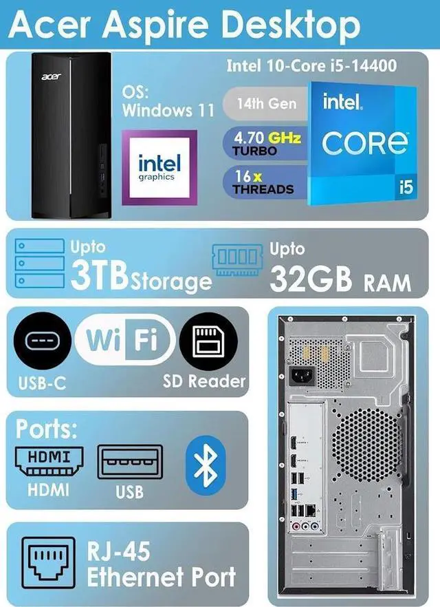 Alt view image 2 of 7 - Acer Aspire Tower Desktop Computer, Intel 10-Core i5-14400, 32GB DDR5 / 2TB SSD, Intel 730 UHD Graphics, WiFi 6E, Bluetooth 5.3, USB Wired Keyboard & Mouse, Win11 Pro
