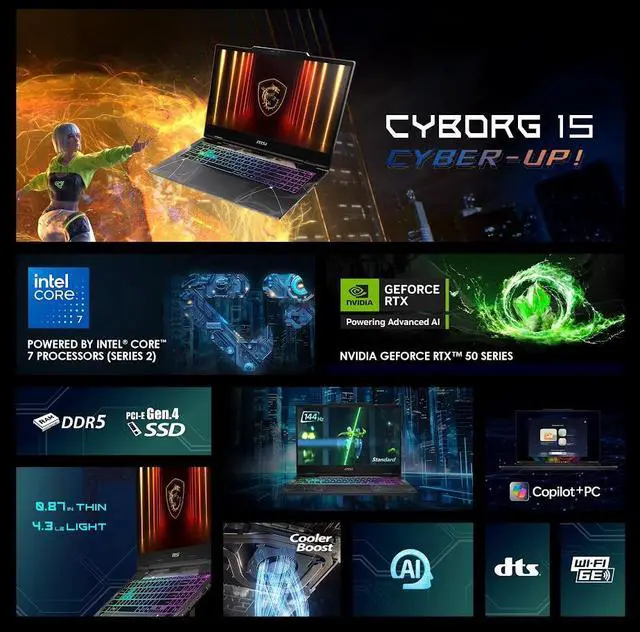 Alt view image 2 of 7 - MSI Cyborg 15 Gaming Laptop, 15.6" FHD 144Hz IPS Display, Intel 10-Core 7 240H (Beat i7-13700H), GeForce RTX 5070 8GB GDDR7, 32GB DDR5 / 2TB SSD, Wi-Fi 6E, 4-Zone RGB Backlit Keyboard, Win11 Home