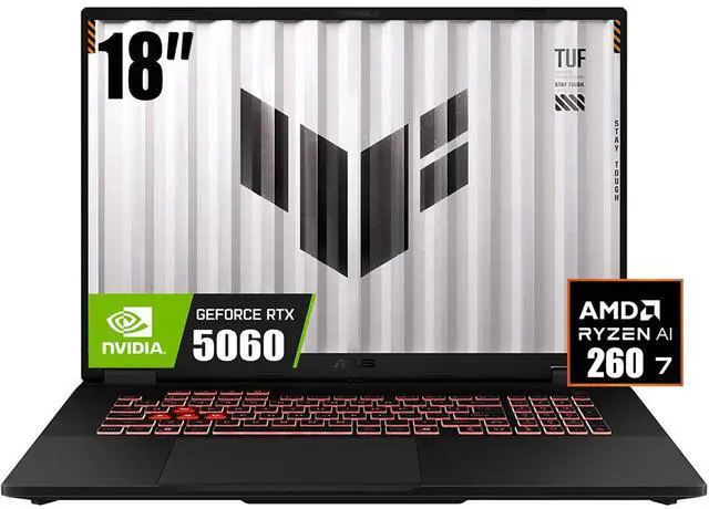 Main image of ASUS TUF Gaming Laptop, 18" FHD+ 16:10 144Hz Display, AMD Ryzen 7 260 (>Core i7 13650HX), NVIDIA GeForce RTX 5060 8GB GDDR7, 16GB DDR5 / 1TB PCIe SSD, RGB Backlit KB, Thunderblot 4, RJ45, Win11 Home