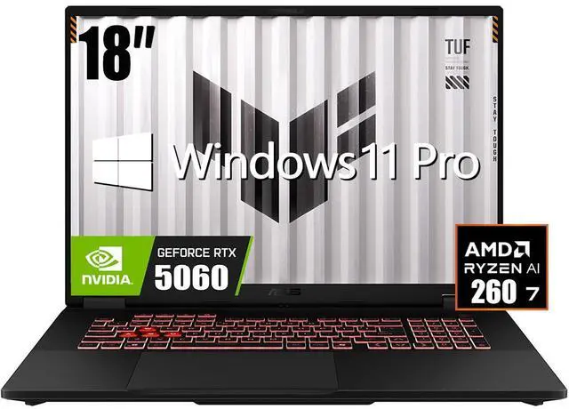 Main image of ASUS TUF Gaming Laptop, 18" FHD+ 16:10 144Hz Display, AMD Ryzen 7 260 (>Core i7 13650HX), NVIDIA GeForce RTX 5060 8GB GDDR7, 32GB DDR5 / 1TB PCIe SSD, RGB Backlit KB, Thunderblot 4, RJ45, Win11 Pro